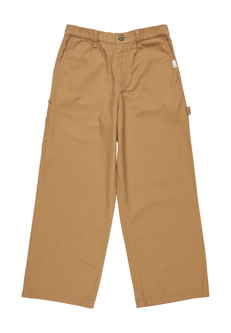 Pantaloni cargo khaki con una vestibilità rilassata, dotati di una cintura elasticizzata, tasche laterali e tessuto in cotone resistente. Texture liscia, senza pattern.