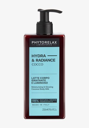 Bottle of Phytorelax Hydra & Radiance Coconut Moisturising and Glowing Body Milk, 250ml, with black pump dispenser.