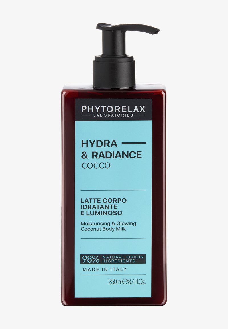 Flacon de Phytorelax Hydra & Radiance Lait Corporel Hydratant et Éclatant à la Noix de Coco, 250 ml, avec un distributeur pompe noir.