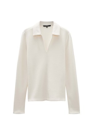 White long-sleeve top with a collared neckline and a V-shaped opening. Textured fabric with a smooth finish. Simple, minimal design.