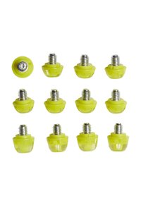 Set di dodici tappi di gomma gialla con inserti filettati in metallo. Forma arrotondata, sezione inferiore trasparente e parte superiore gialla solida.