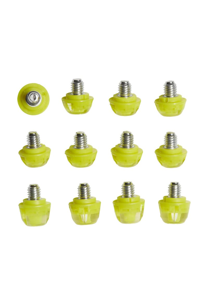 Set di dodici tappi di gomma gialla con inserti filettati in metallo. Forma arrotondata, sezione inferiore trasparente e parte superiore gialla solida.