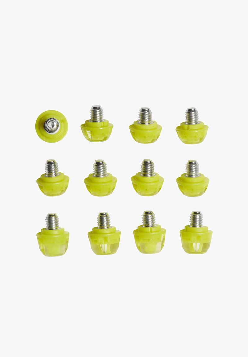 Set of twelve yellow rubber stoppers with metallic threaded inserts. Rounded shape, transparent bottom section, and solid yellow top.