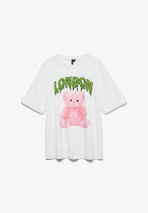 Weißes Baumwoll-T-Shirt mit einem pinken Teddybär-Graphic und grüner "LONDON"-Schrift darüber in einem tropfenden Schriftstil. Kurze Ärmel, entspannter Schnitt.