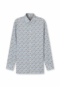 Langärmliges Hemd in Hellblau mit einem Blumenmuster in Blau, Braun und Creme. Der Stoff sieht glatt aus.