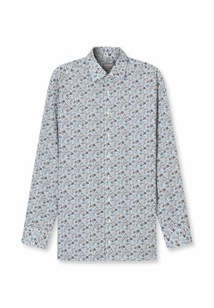 Langärmliges Hemd in Hellblau mit einem Blumenmuster in Blau, Braun und Creme. Der Stoff sieht glatt aus.