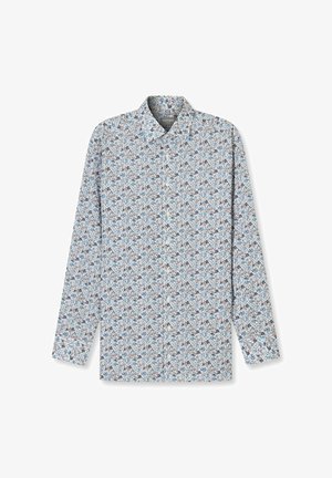 Langärmliges Hemd in Hellblau mit einem Blumenmuster in Blau, Braun und Creme. Der Stoff sieht glatt aus.