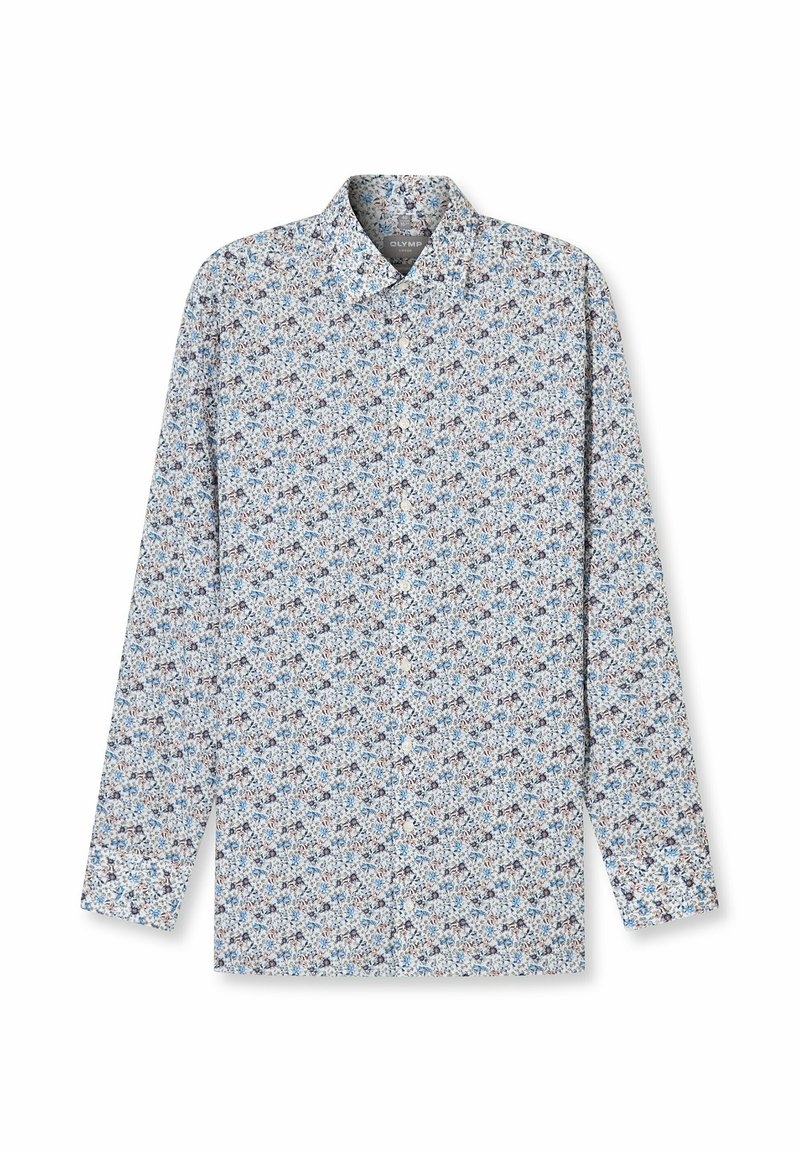 Langärmliges Hemd in Hellblau mit einem Blumenmuster in Blau, Braun und Creme. Der Stoff sieht glatt aus.