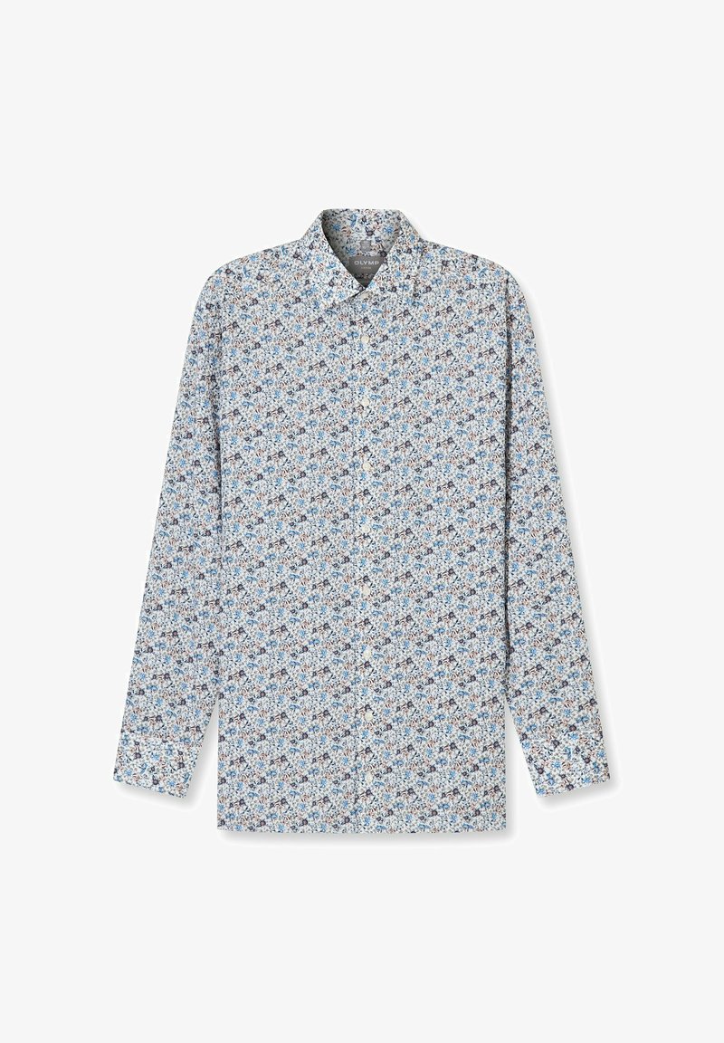 Langärmliges Hemd in Hellblau mit einem Blumenmuster in Blau, Braun und Creme. Der Stoff sieht glatt aus.