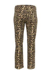 Leren broek met luipaardprint in beige en zwart, met een recht model, middelhoge taille en achterzakken met subtiele stikdetails.