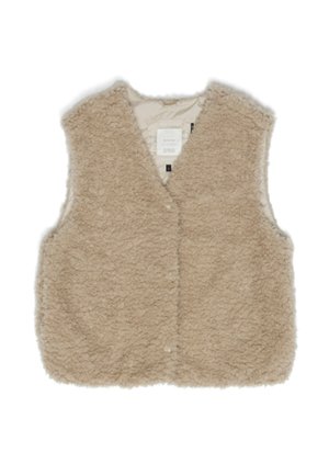 Beige faux fur vest with a V-neckline, no sleeves, and a soft, textured surface. Features front buttons and a subtle lining.