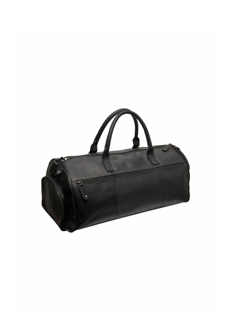 Bolsa de viaje de cuero negro con dos asas, bolsillo lateral con cremallera y textura suave. Forma redondeada con costuras reforzadas a lo largo de las uniones.