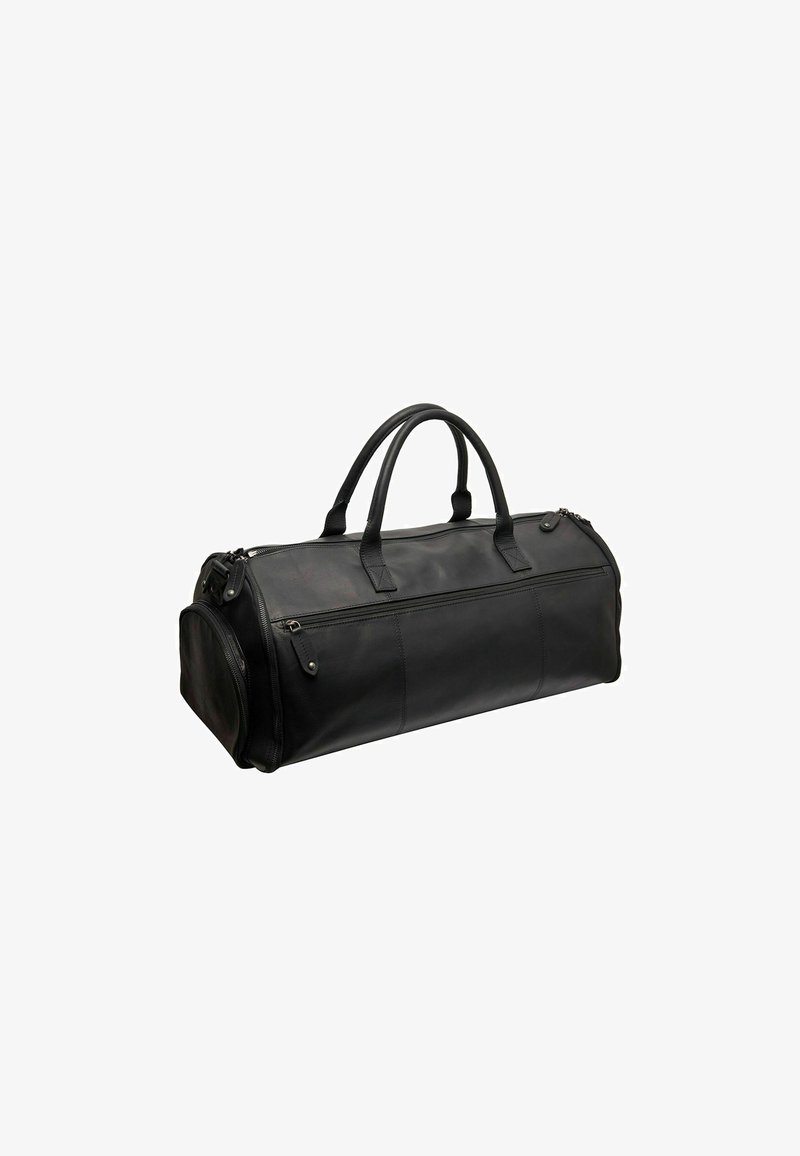 Bolsa de viaje de cuero negro con dos asas, bolsillo lateral con cremallera y textura suave. Forma redondeada con costuras reforzadas a lo largo de las uniones.