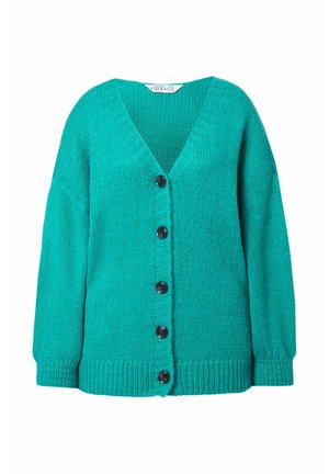 Türkis gestrickte Strickjacke mit langen Ärmeln, V-Ausschnitt, gerippten Bündchen und Saum sowie fünf schwarzen Knöpfen auf der Vorderseite.