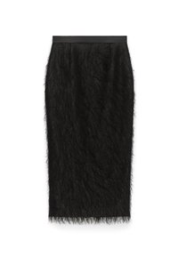 Zwarte kokerrok van textuurstof met een fuzzy afwerking. Heeft een gladde tailleband en een lengte tot de knie.
