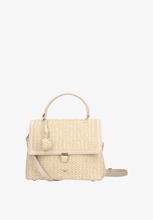 Sac à main en paille tissée beige avec une forme structurée, accents de cuir lisse, bandoulière amovible et anse sur le dessus. Fermeture par clip.