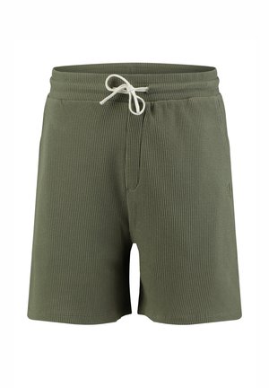 Olijfgroene gestructureerde gebreide shorts met een elastische tailleband en witte trekkoord, met een subtiel logo op de linker dij.