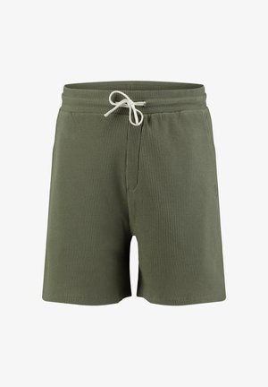 Olijfgroene gestructureerde gebreide shorts met een elastische tailleband en witte trekkoord, met een subtiel logo op de linker dij.