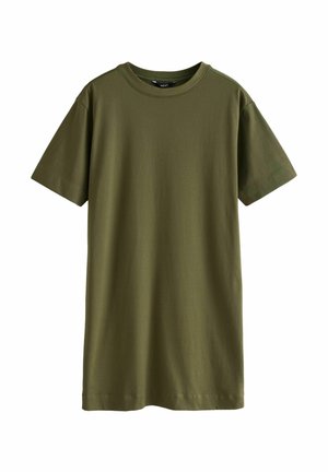 T-shirt vert olive uni à manches courtes avec col rond, coupe régulière, sans motifs ni logos visibles.