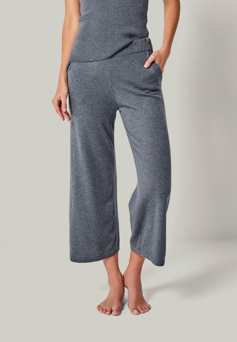 Gray knit wide-leg pants with a relaxed fit, featuring side pockets and a soft texture. The fabric has a subtle heathered pattern.