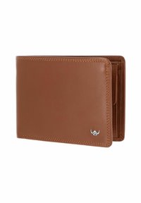 Portefeuille bifold en cuir marron avec une couture fine et un petit emblème argenté dans le coin inférieur droit, légèrement ouvert pour montrer les compartiments intérieurs.