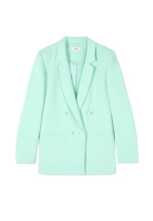 Blazer vert menthe à double boutonnage avec revers crantés, manches longues, deux boutons à l'avant et poches fendues, présenté sur un fond blanc.