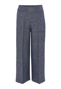 Pantalon large taille haute en tissu gris foncé texturé avec des coutures verticales subtiles sur le devant de chaque jambe.