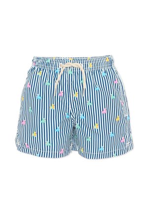 Shorts de bain rayés bleu et blanc avec un cordon beige, décorés de motifs de canards en caoutchouc multicolores.