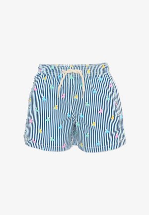 Shorts de bain rayés bleu et blanc avec un cordon beige, décorés de motifs de canards en caoutchouc multicolores.