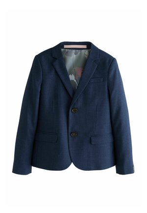 Navy blue blazer with a textured fabric, single-breasted, notched lapels, two front pockets, and floral-patterned lining.