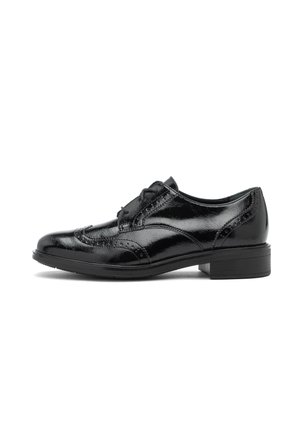 Black glossy leather men's dress shoe with brogue detailing, lace-up front, and low stacked heel, shown in side profile on white background.