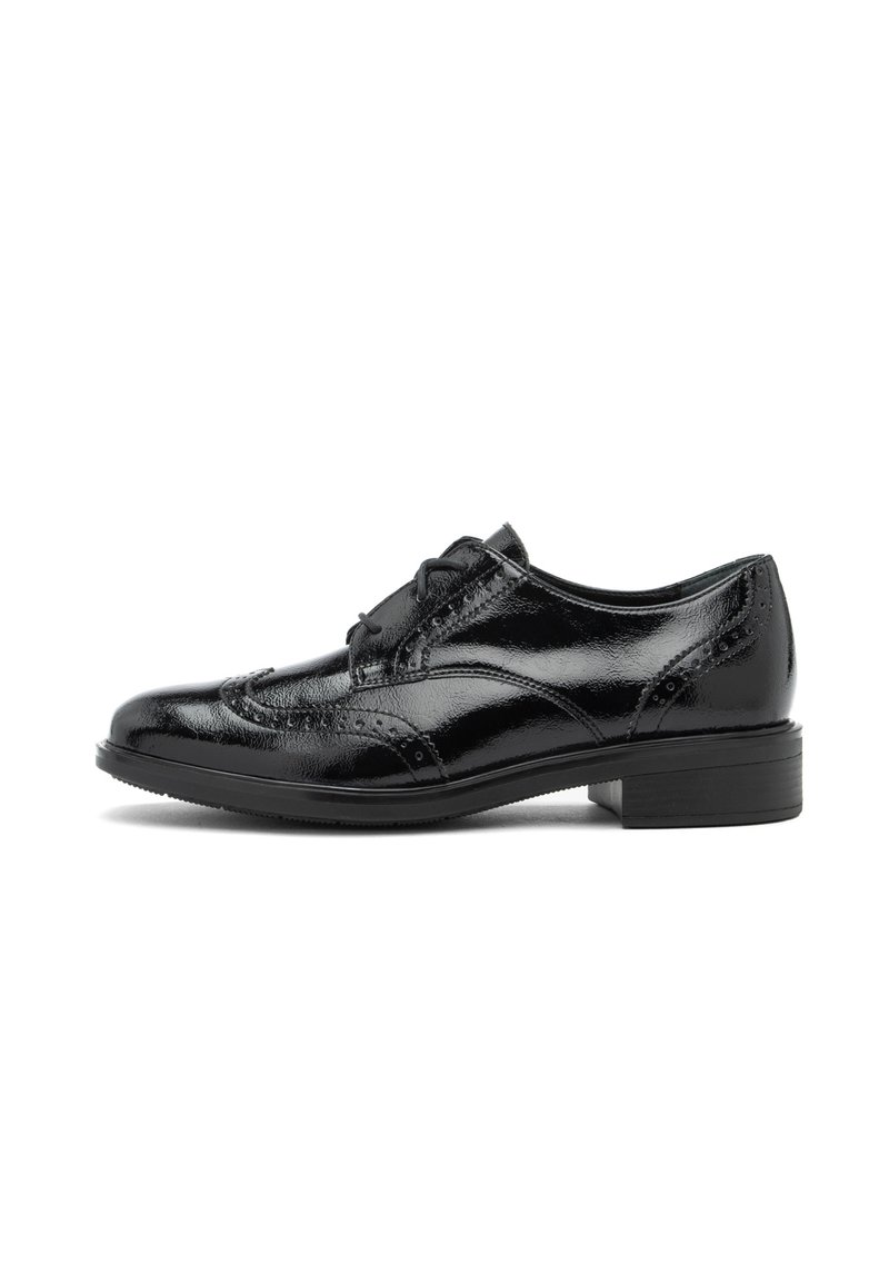 Pantofii de dress pentru bărbați din piele sintetică neagră, cu detalii brogue, închidere cu șireturi și toc mic, prezentați în profil lateral pe un fundal alb.