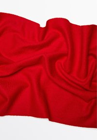 Rode fleece deken, zachte textuur, met zichtbare plooien, effen kleur, zonder patronen of accessoires. Randen zijn glad en afgewerkt.