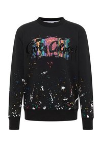 Černá mikina s vícebarevným vzorem skvrn od barvy a vyšívaným logem. Má kulatý výstřih a žebrované manžety. Měkká textura látky.