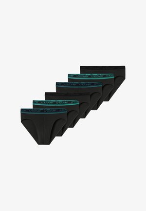 Ensemble de sous-vêtements en coton noir avec une texture lisse et une ceinture teal contrastante avec un logo. Cinq paires disposées en rangée.