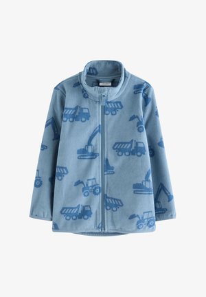 Niebieska kurtka polarowa z pełnym zamkiem, wysokim kołnierzem oraz powtarzającymi się wzorami pojazdów budowlanych w ciemniejszych odcieniach niebieskiego.