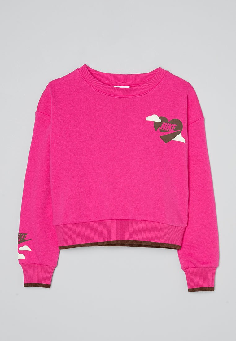Felpa cropped a maniche lunghe di colore rosa brillante con polsini e orlo a costine, caratterizzata da un logo Nike a forma di cuore e nuvola sul petto e sulla manica.