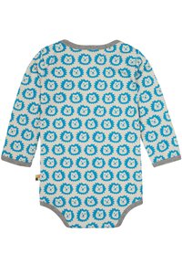 Body a maniche lunghe in morbido cotone con finiture grigie chiare, che presenta un motivo con faccia di leone blu su uno sfondo crema.