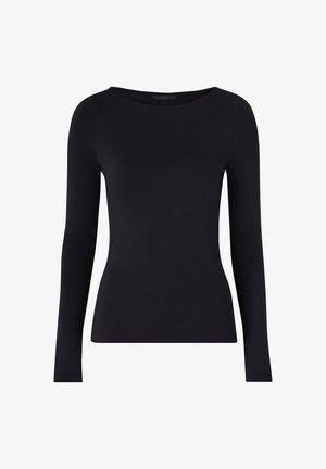 Zwarte langslijf top met een ronde hals, gemaakt van zachte, rekbare stof. Sluit nauw aan op het lichaam zonder zichtbare patronen of accenten.