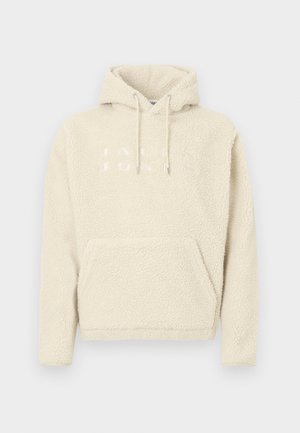 Svetlo krémová sherpa fleece mikina s kapucňou a prednou vreckovou kapsou, s nenápadným embosovaným logom "Jack & Jones" na hrudi.