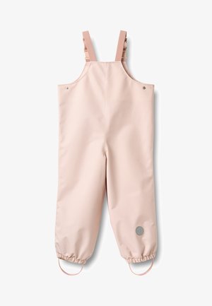 Salopette imperméable pour enfants rose clair avec bretelles réglables et poignets élastiques avec sangles pour les pieds.