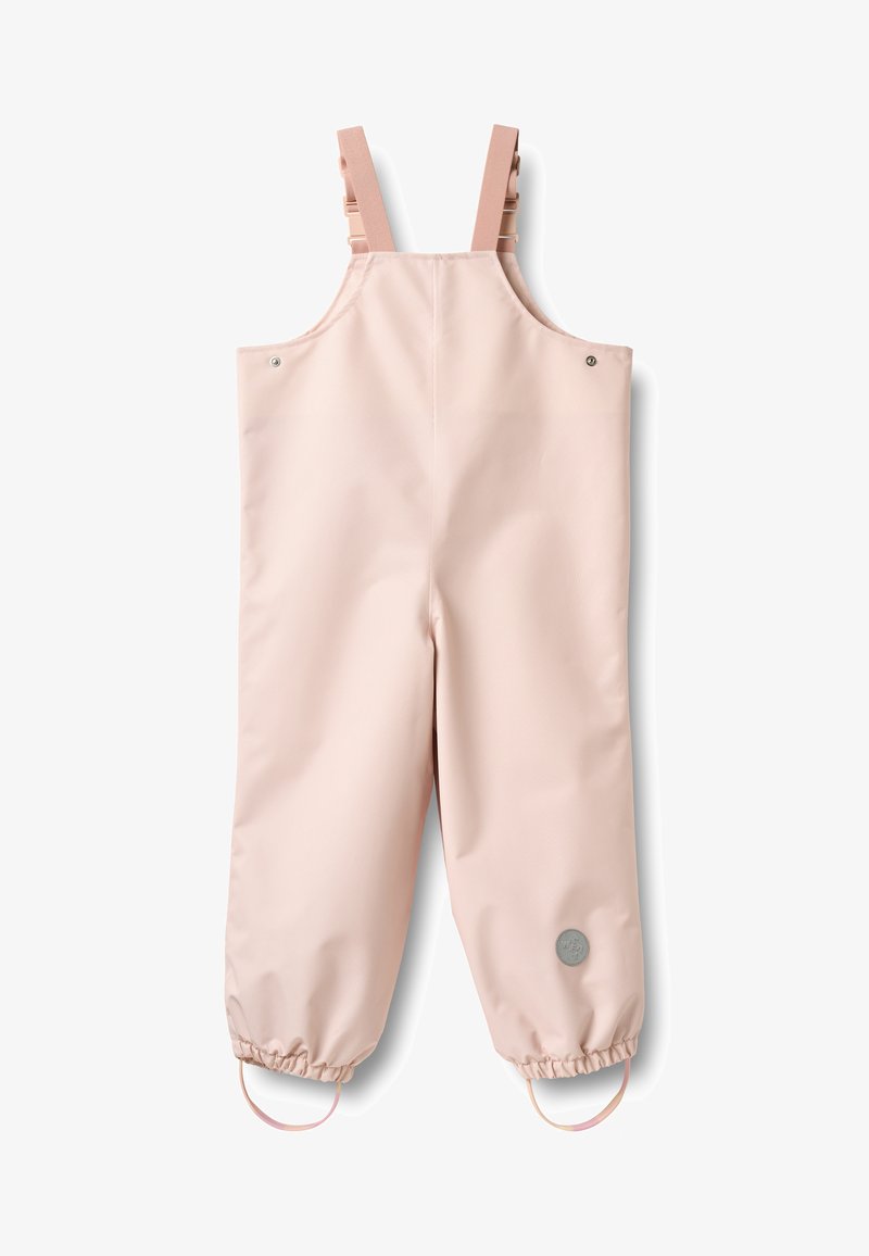 Salopette imperméable pour enfants rose clair avec bretelles réglables et poignets élastiques avec sangles pour les pieds.