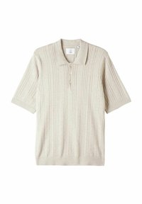 Beige knit polo shirt with a ribbed texture, short sleeves, three-button placket, and a classic folded collar.