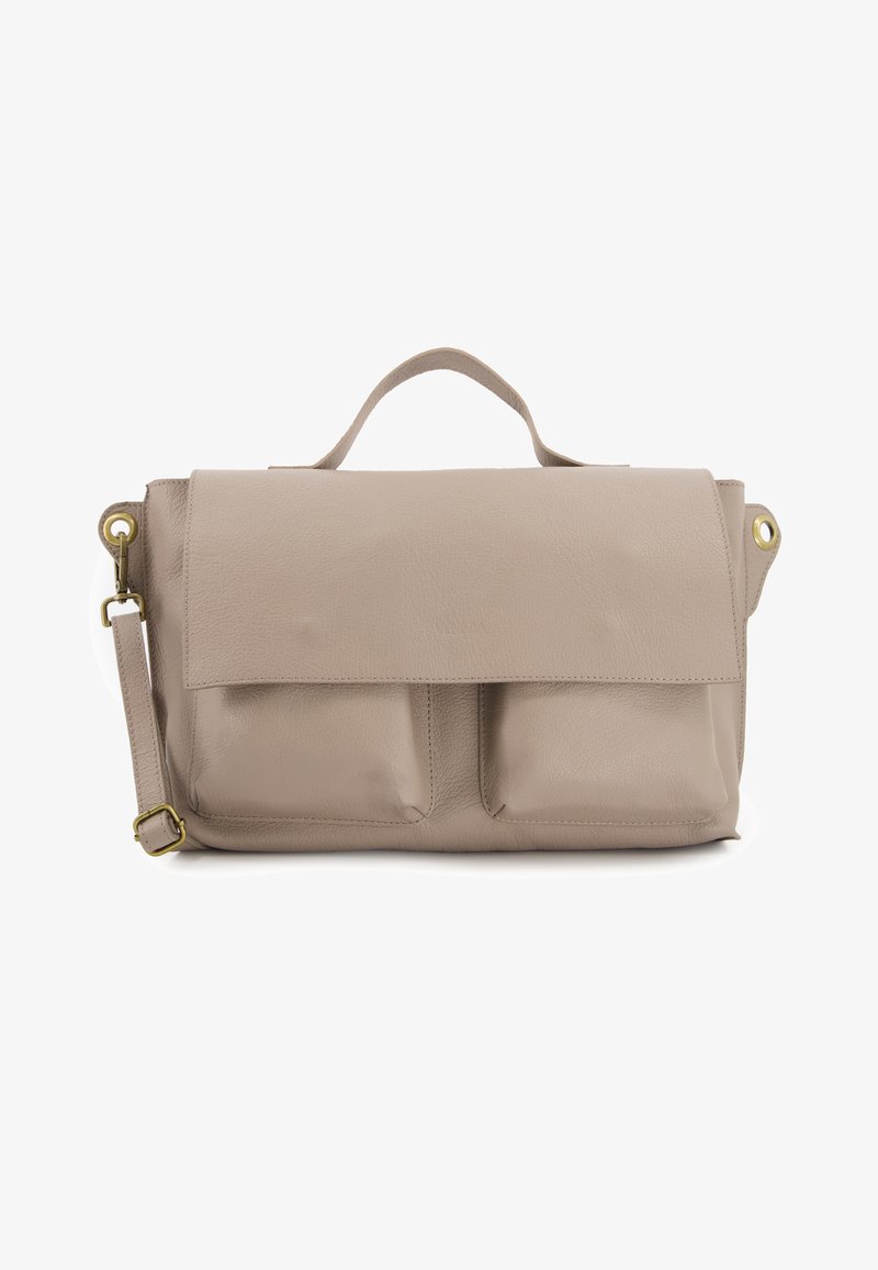 Beige leather bag with a fold-over flap, two front pockets, top handle, and detachable shoulder strap; features gold-tone accents.