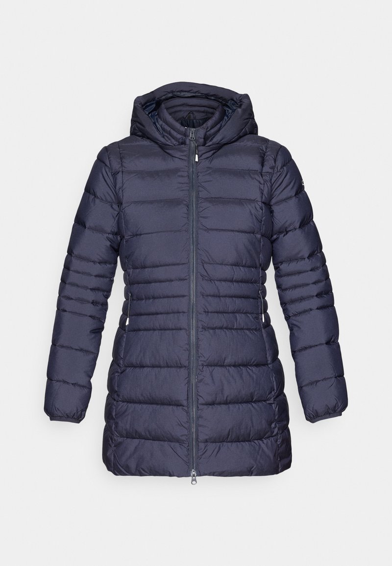 Giubbotto imbottito blu navy con cappuccio, design trapuntato, chiusura frontale con cerniera e tasche laterali. Presenta un tessuto leggermente texturizzato.