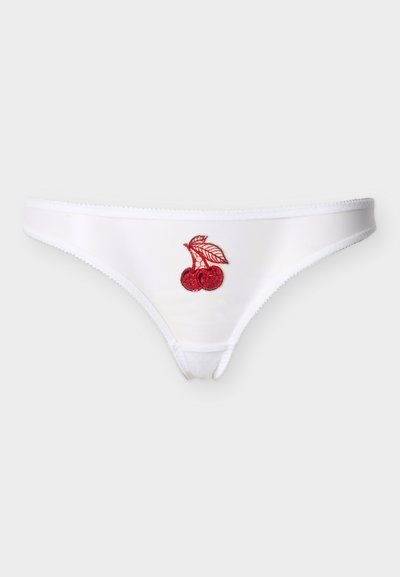 White thong with red cherry embroidery on the front. Made of smooth fabric with a narrow waistband and scalloped edges.