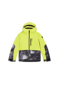 Leuchtend gelbe Jacke mit Kapuze, die einen schwarzen und grauen unteren Abschnitt mit einem glänzenden Muster aufweist. Beinhaltet einen Frontreißverschluss und ein Logodetail.