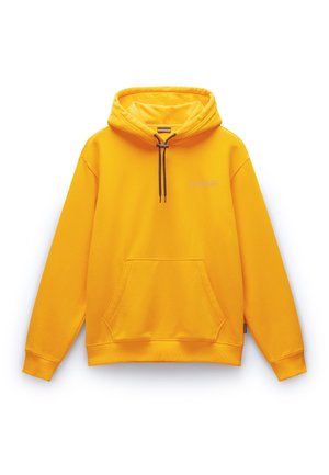 Yellow hooded sweatshirt made of soft fabric, featuring a front pocket, drawstring hood, and subtle logo accenting on the chest.