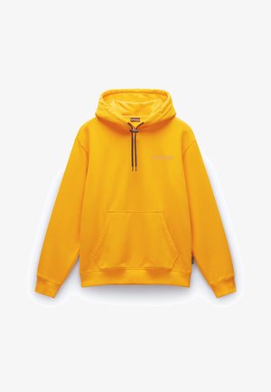 Yellow hooded sweatshirt made of soft fabric, featuring a front pocket, drawstring hood, and subtle logo accenting on the chest.
