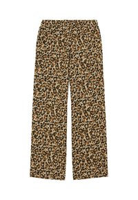 Pantaloni larghi con stampa leopardata e vita elastica; i colori includono beige, marrone, nero e sfumature di arancione. Tessuto morbido e testurizzato.